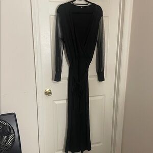 Black Long Sleeve Sheer-Sleeve Wrap Dress